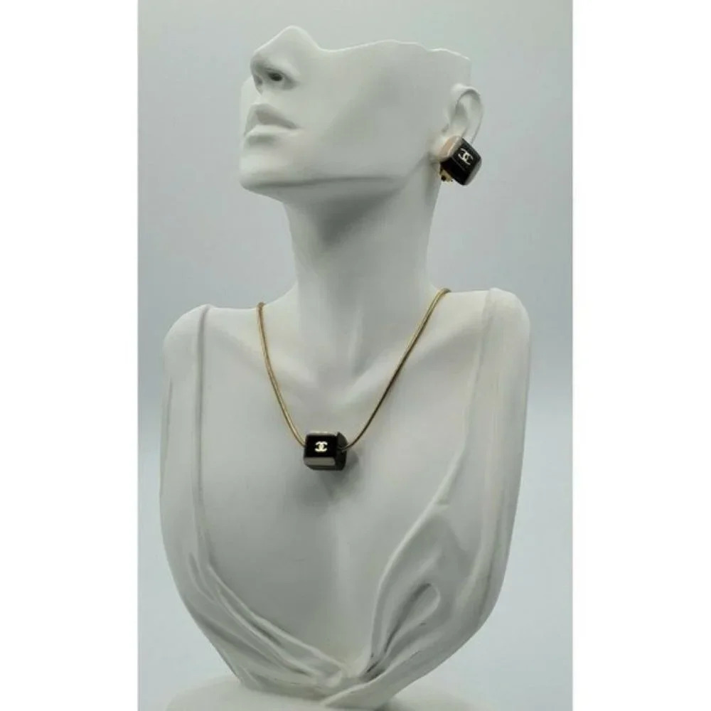 Vintage Authentic Chanel Logo Necklace & Square Clip Earrings Set ~ Signature